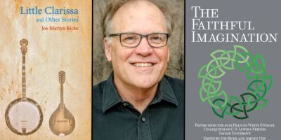 Dr. Joe Martyn Ricke next to images of his album Little Clarissa and Other Stories and his co-edited book The Faithful Imagination