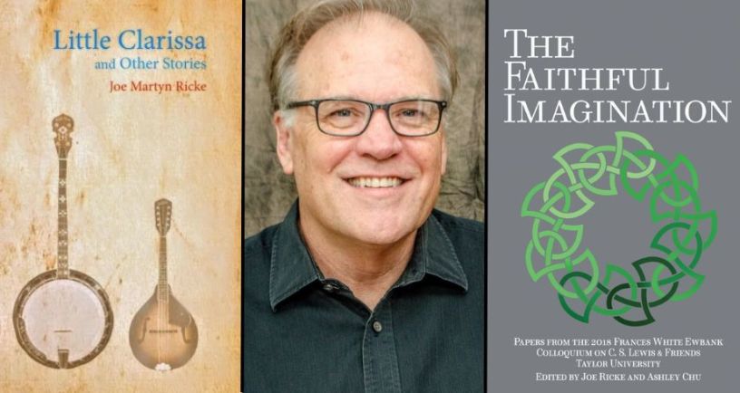 Dr. Joe Martyn Ricke next to images of his album Little Clarissa and Other Stories and his co-edited book The Faithful Imagination