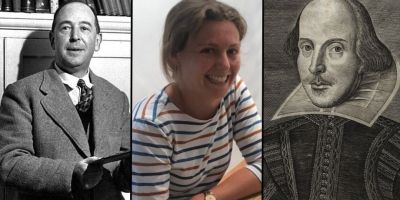 Dr. Sarah Waters of Univ of Buckingham next to images of C.S. Lewis and Shakespeare