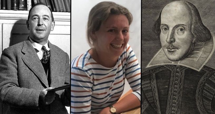 Dr. Sarah Waters of Univ of Buckingham next to images of C.S. Lewis and Shakespeare