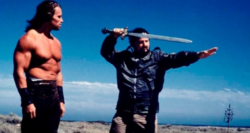 John Milius and Arnold Schwarzenegger behind the scenes Conan the Barbarian