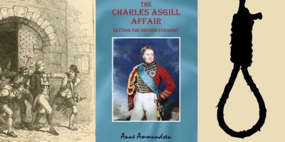Image of Charles Asgill nearly being hanged next to images of noose and of book cover The Charles Asgill Affair: Setting the Record Straight by Anne Ammundsen