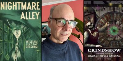 Bret Wood next to pictures of the books Grindshow the Selected Writings of William Lindsay Gresham and Nightmare Alley by William Lindsay Gresham