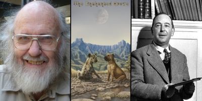 Photo of Stephen Hayes next to picture of his book The Enchanted Grove and picture of CS Lewis