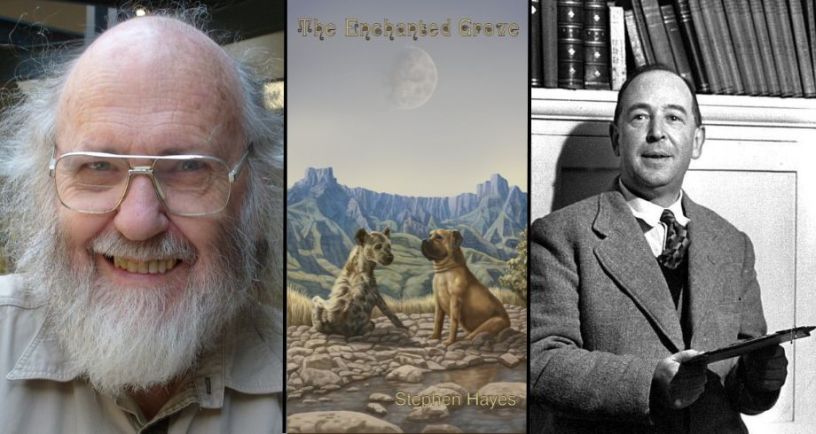 Photo of Stephen Hayes next to picture of his book The Enchanted Grove and picture of CS Lewis