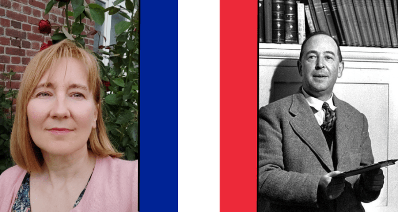 Picture of scholar Anne-Frédérique Caballero next to picture of French flag and picture of CS Lewis