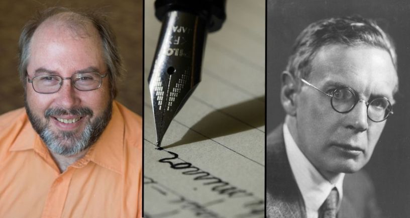 Scholar Charles Franklyn Beach next to picture of Inkling Charles Williams and picture of fountain pen