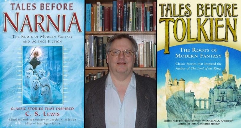 Scholar Douglas A Anderson next to copies of his books Tales Before Tolkien and Tales Before Narnia