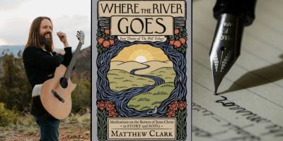 Musician Matthew Clark next to photos of his book Where the River Goes