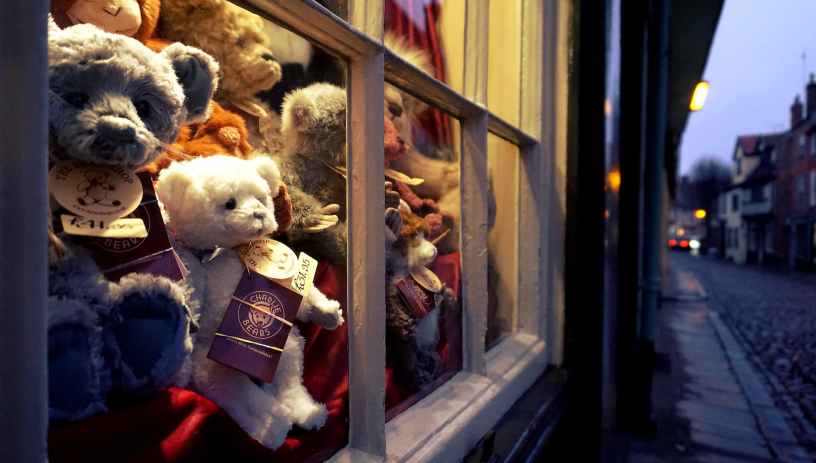 assorted color bear plush toys near glass window