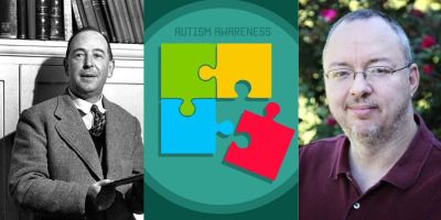 Picture of CS Lewis next to Autism Awareness graphic next to picture of author and autism advocate William O'Flaherty