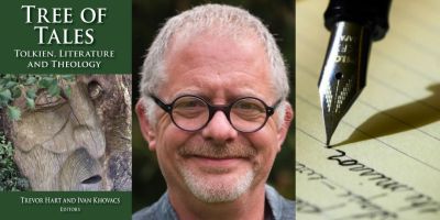 Theologian Trevor Hart next to pictures of a pen writing on paper and a picture of Hart's co-edited book A Tale of Trees
