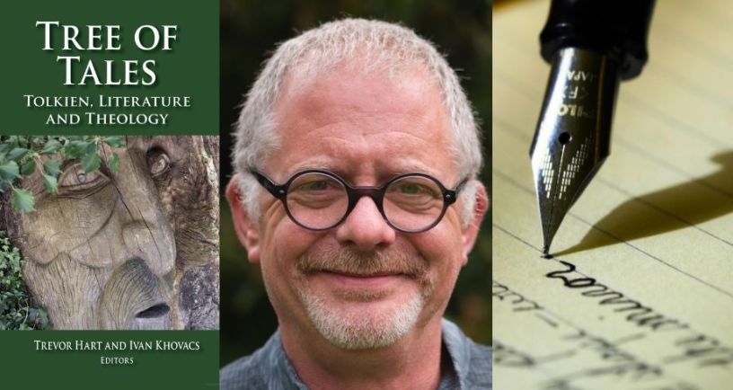 Theologian Trevor Hart next to pictures of a pen writing on paper and a picture of Hart's co-edited book A Tale of Trees