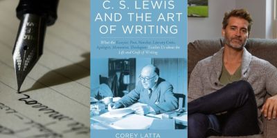 Corey Latta next to image of his book CS Lewis and the Art of Writing and stock image of pen writing on paper