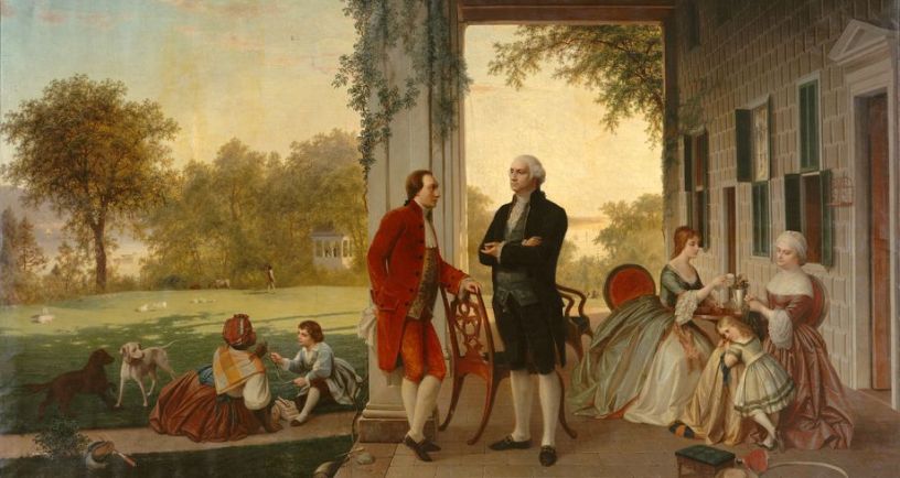 2859 painting of George Washington. For full image see: http://commons.wikimedia.org/wiki/File:Washington_and_Lafayette_at_Mount_Vernon,_1784_by_Rossiter_and_Mignot,_1859.jpg