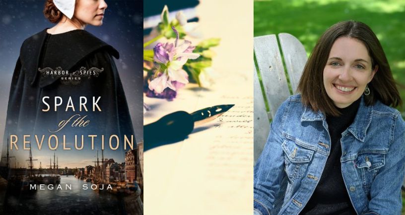 Author Megan Soja next to image of her book Spark of the Revolution