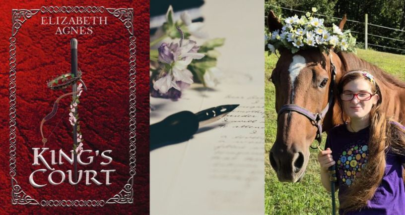 Elizabeth Agnes author next to image of her book King's Court