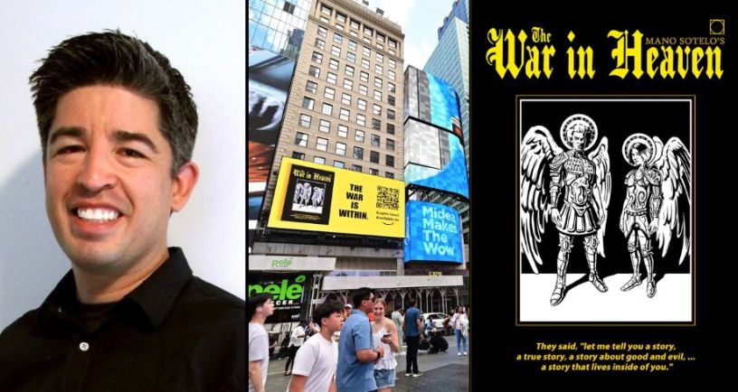Artist Mano Sotelo next to images of billboard for his graphic novel The War in Heaven and book cover photo.