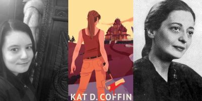 Author Kat D Coffin next to cover image of Hell's Heresies next to image of Joy Davidman
