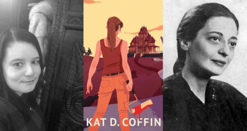 Author Kat D Coffin next to cover image of Hell's Heresies next to image of Joy Davidman