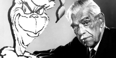 Boris Karloff next to an image of the Grinch from How the Grinch Stole Christmas