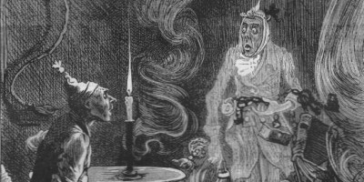 Illustration for essay on responsibility and Christmas by Leag Fisher. Jacob Marley and Ebenezer Scrooge. Illustration by Fred Barnard, Chapman and Hall, 1878. Provided by https://www.victorianweb.org/art/illustration/barnard/xmas/4.html