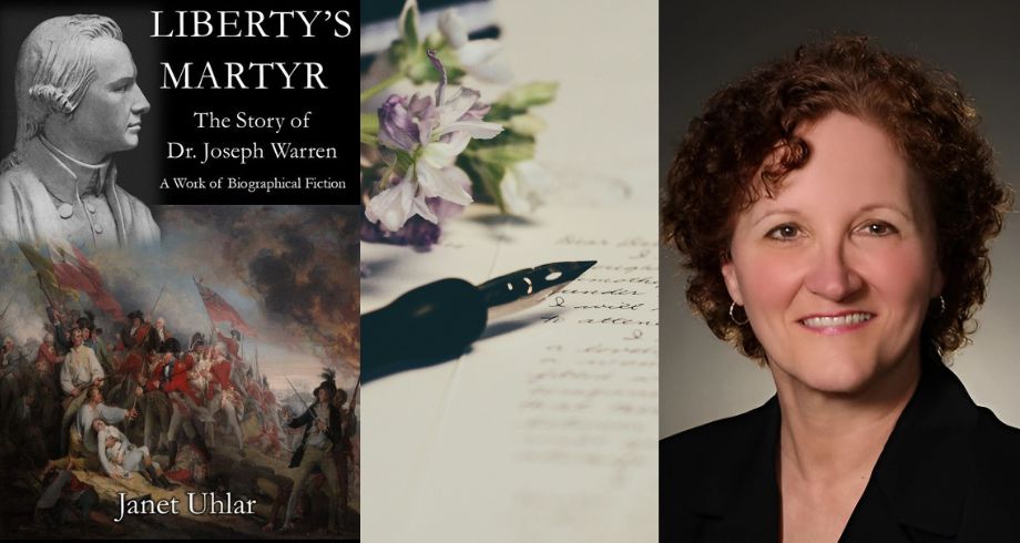 Author Janet Uhlar next to picture of her book on Joseph Warren