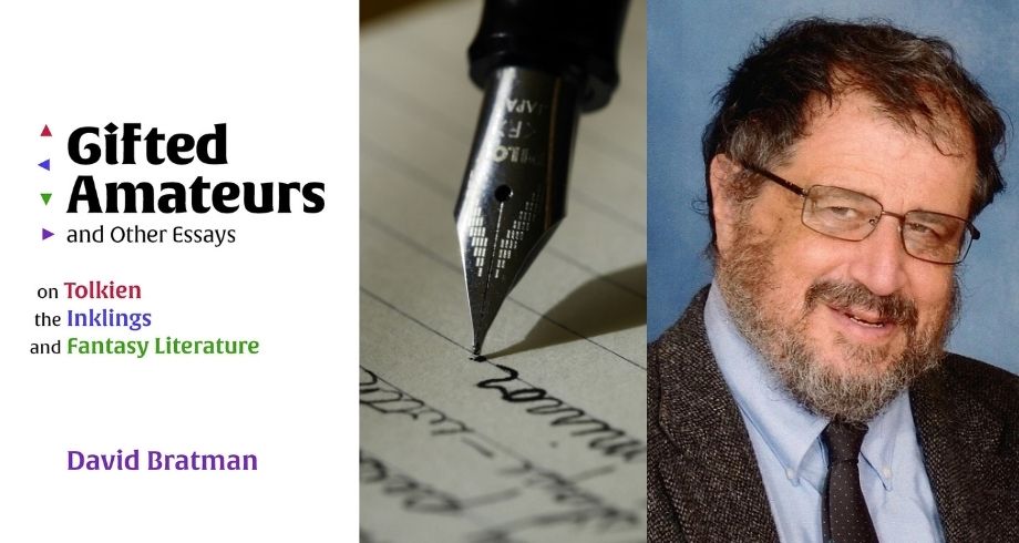 Picture of Inklings scholar David Bratman next to cover image for his book Gifted Amateurs and Other Essays: On Tolkien, the Inklings, and Fantasy Literature (Mythopoeic Press, 2023)