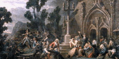 Soldiers, women, and children embroiled in a fight near a church, French Revolution. Wikipedia Commons