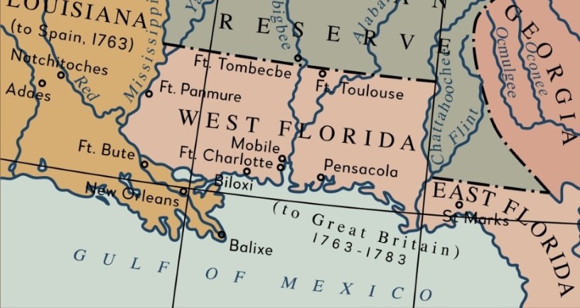 Map showing British West Florida. Photo Credit: Henry Holt & Company, via Wikimedia Commons. https://commons.wikimedia.org/wiki/File:West_Florida_Map_1767.svg