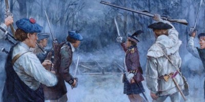 Painting of Highlander regiment fighting in Battle of Moore's Creek Bridge. Source: https://www.nps.gov/npgallery/GetAsset/d2f86e1c-9e58-41ad-8166-d043acce4cbe