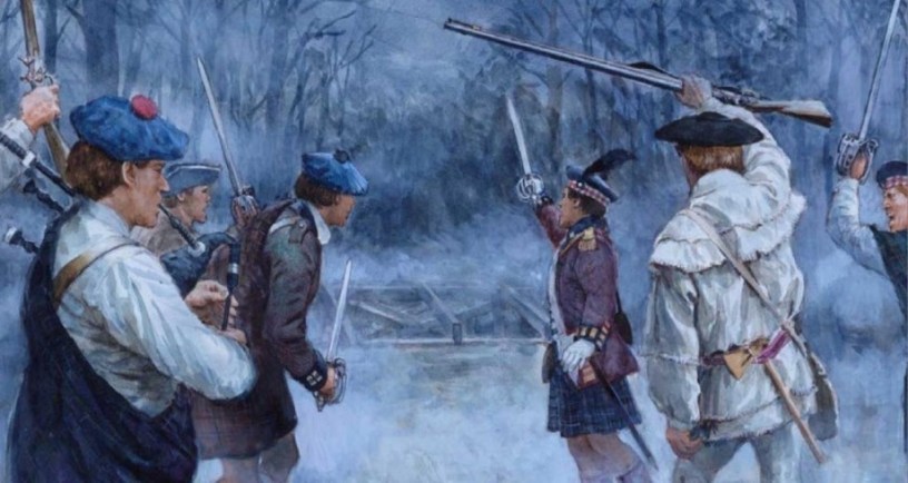 Painting of Highlander regiment fighting in Battle of Moore's Creek Bridge. Source: https://www.nps.gov/npgallery/GetAsset/d2f86e1c-9e58-41ad-8166-d043acce4cbe