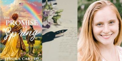Author Jessika Caruso next to picture of her novel The Promise of Spring