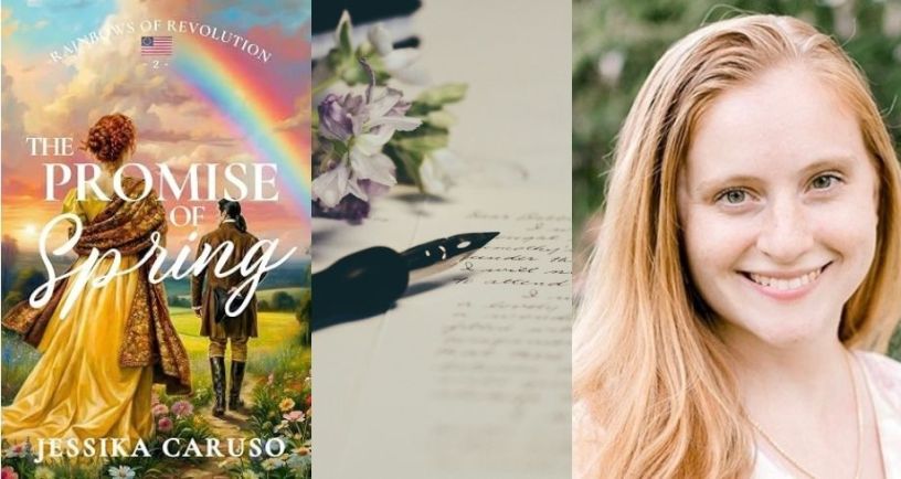 Author Jessika Caruso next to picture of her novel The Promise of Spring